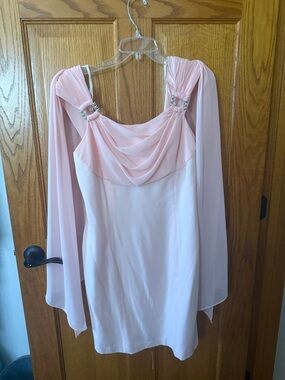 CDC Blush Pink Chiffon Draped Mini Dress with Crystal Shoulder Accents